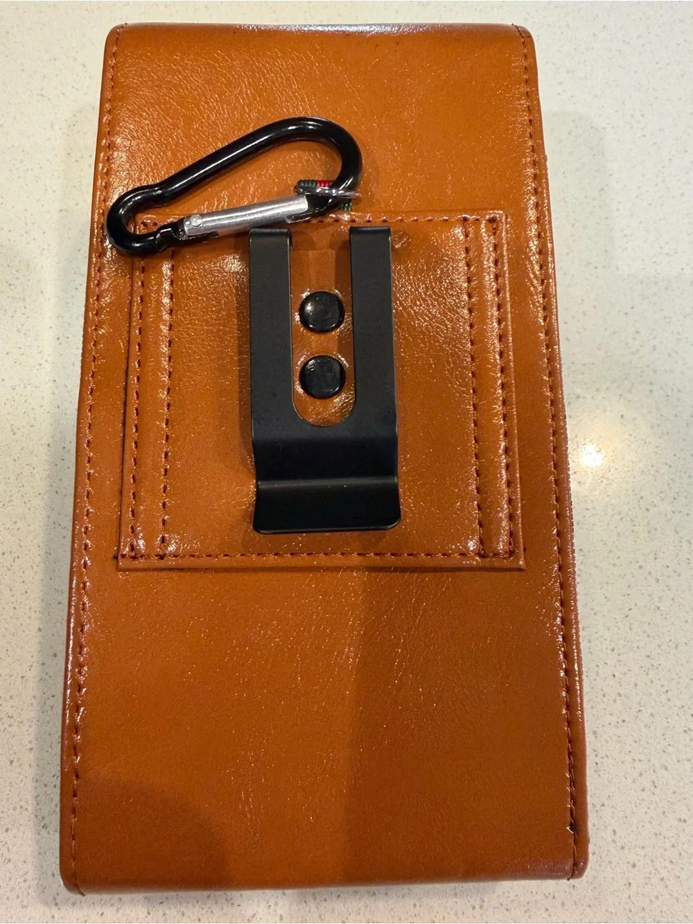 Hengwin Brown Leather Look Phone Case with Front Pocket Clip-On Caribiner